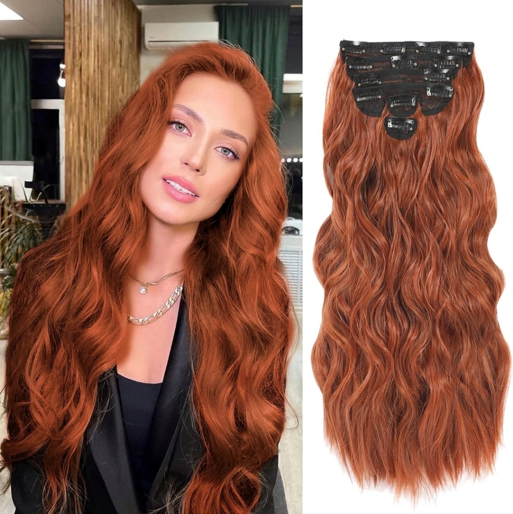 Clip in Hair Extensions for Women 20 Inch Long Wavy Curly Copper Red Hair
